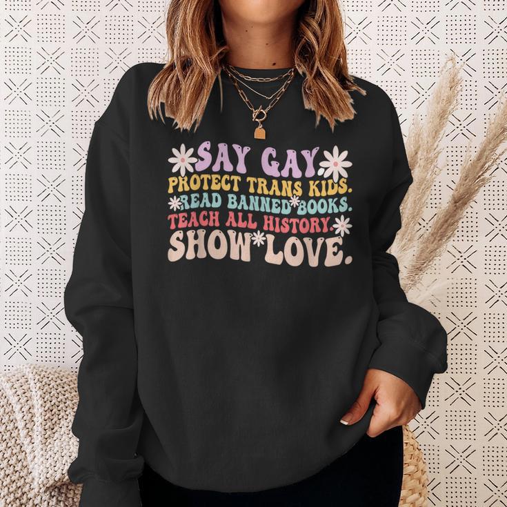 Say Gay Protect Trans Kids Read Banned Books LGBT Groovy Sweatshirt Gifts for Her