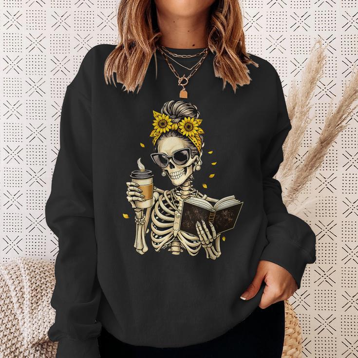 Skeleton Girl Drinking Coffee Bow Sunflower Book Lover Sweatshirt Gifts for Her
