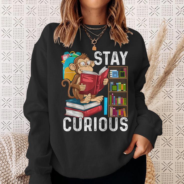 Stay Curious Monkey Reading Book Lover Bookworm Sweatshirt Gifts for Her
