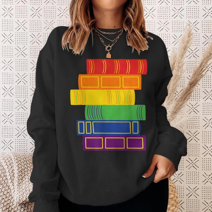 Threadless Grey Sky Chai Rainbow Book Pride Stack Graphic Sweatshirt Gifts for Her