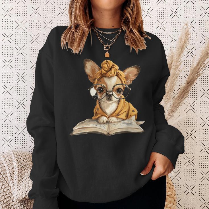 Tiny Puppy Open Book Reading Dog Lover Graphic Round Glasses Sweatshirt Gifts for Her