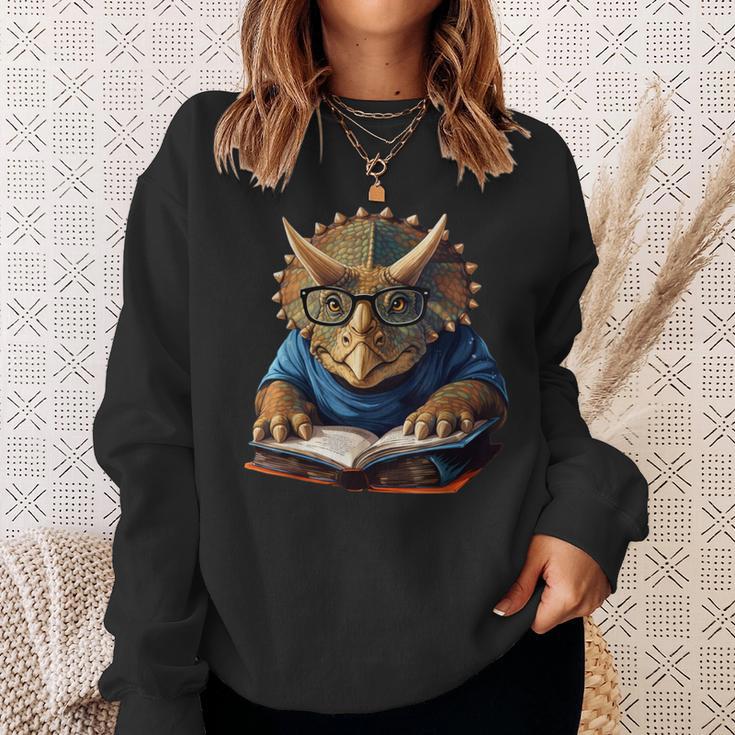 Triceratops Dinosaur Reading Book Nerd Sweatshirt Gifts for Her Triceratops Dinosaur Reading Book Nerd Sweatshirt Gifts for Her