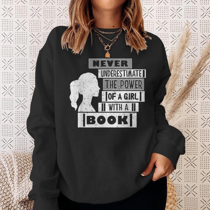 Never Underestimate Power Of Girl With Book Feminist Cute Sweatshirt Gifts for Her