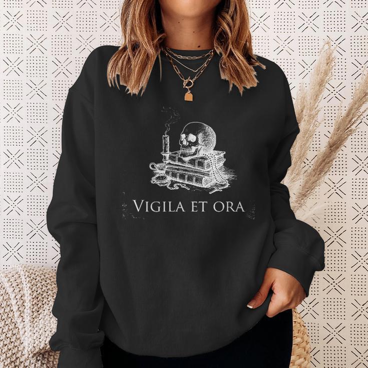 Vigila Et Ora Skull On Books Latin Sweatshirt Gifts for Her