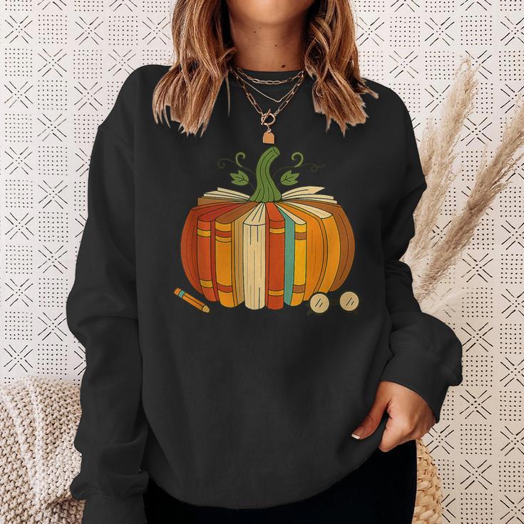 Vintage Book Pumpkin Autumn Fall Librarians Bookworm Teacher Sweatshirt Gifts for Her