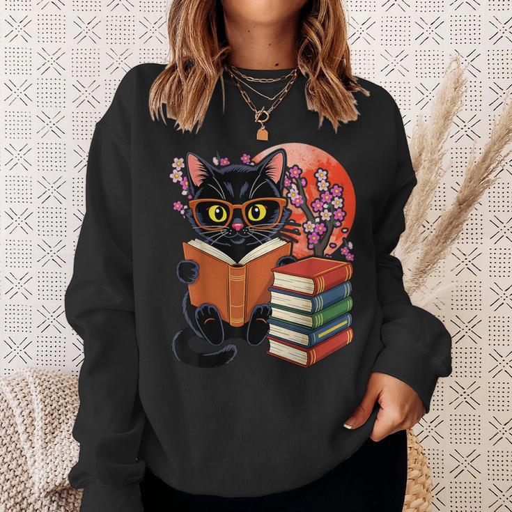 Vintage Japanese Cat Book Lovers Librarian Dad Teacher Sweatshirt Gifts for Her