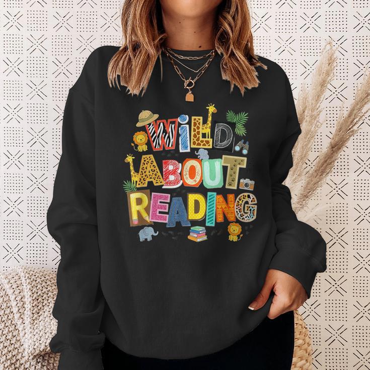 Wild About Reading Safari Animals Book Lover Teacher Student Sweatshirt Gifts for Her