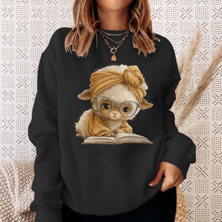 Women's Cute Lamb Reading Book Lover Animal Graphic Baby Sheep Open Sweatshirt Gifts for Her