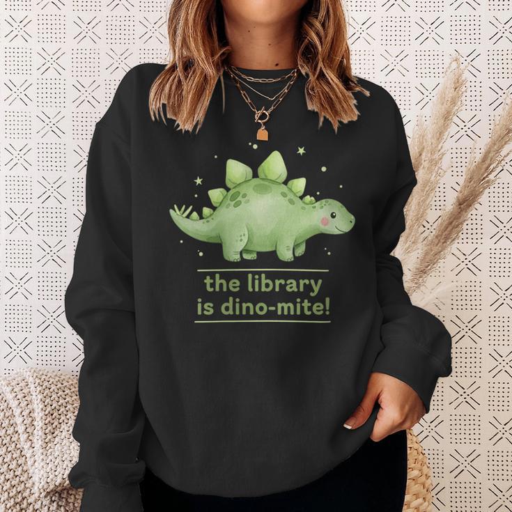 Women's The Library Is Dino-Mite Stegosaurus Reading Kids Book Sweatshirt Gifts for Her