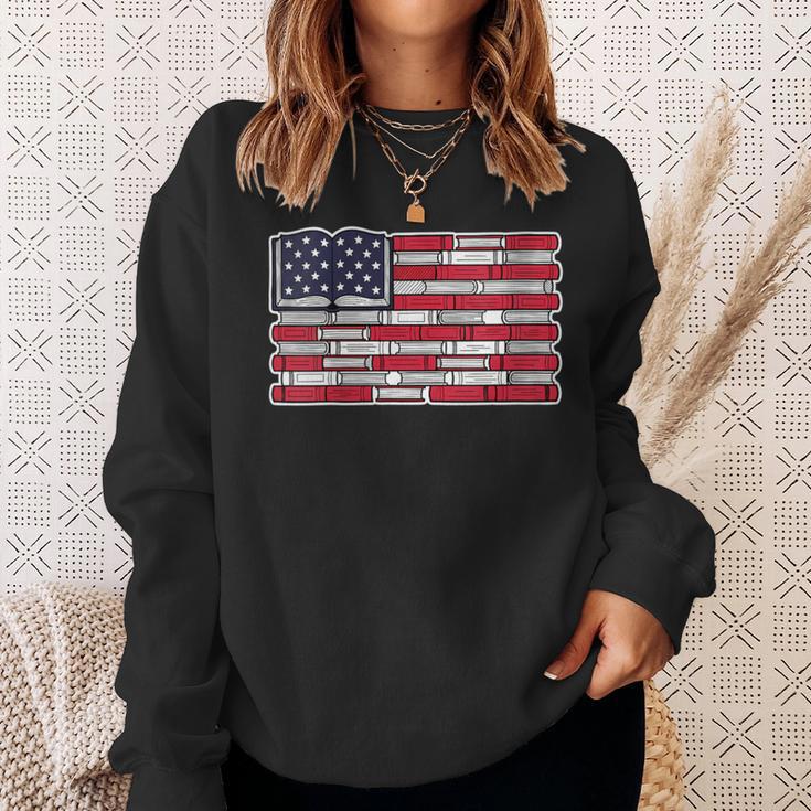 Women's Patriotic Book Flag Reading American Flag Books Teacher Sweatshirt Gifts for Her