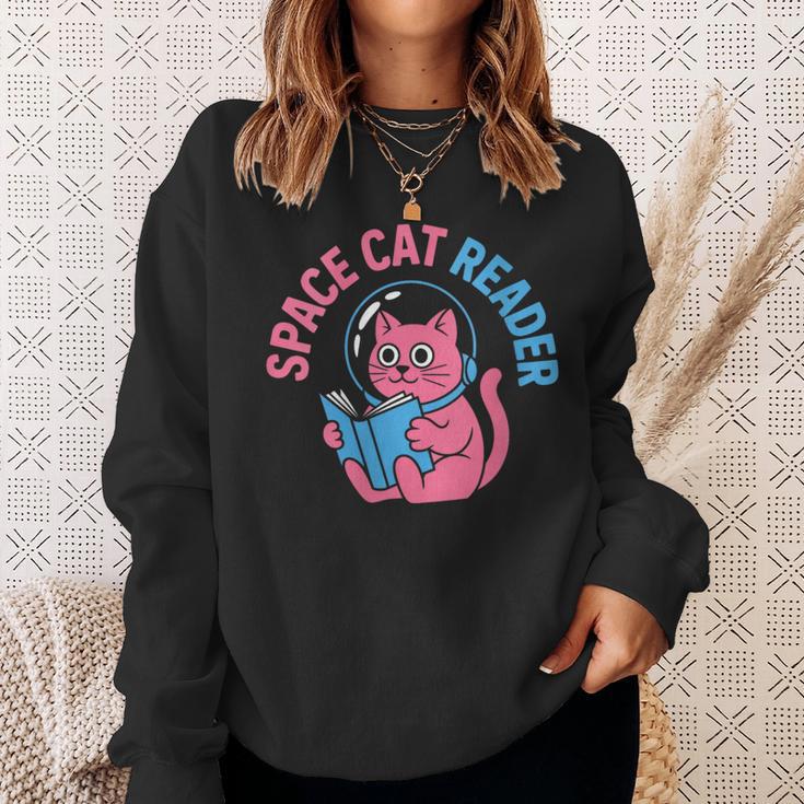 Women's Space CAT Reader Pink Helmet Blue Book Nerd Galaxy Kitty Sweatshirt Gifts for Her