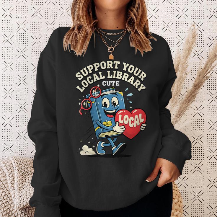 Women's Support Your Local Library Staff Retro Book Mascot Sweatshirt Gifts for Her