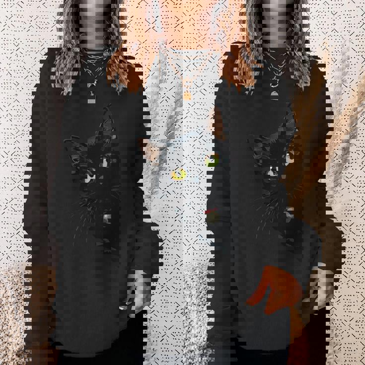 こっそり猫 物陰からじっと見つめる黒猫デザイン 長袖tシャツ スウェットシャツ 彼女への贈り物