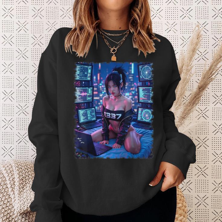 セクシーガールグラフィックtシャツ 1337 サイバーパンク ハッカーガール スウェットシャツ 彼女への贈り物