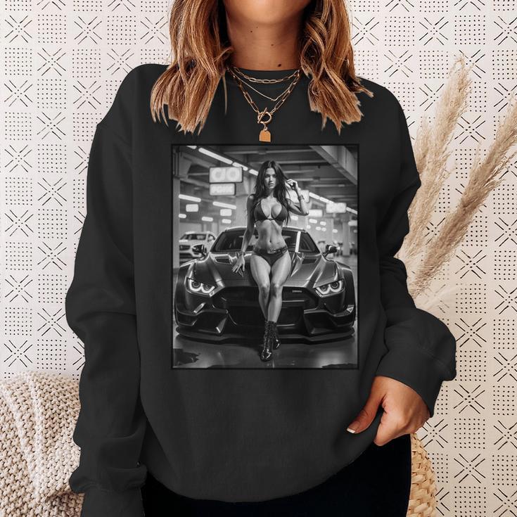 セクシーガールグラフィックtシャツ セクシーピンナップモデル&エキゾチックカーb&W 長袖tシャツ スウェットシャツ 彼女への贈り物