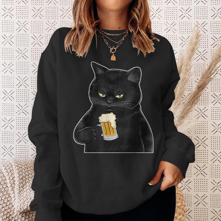 ビールを持っている黒猫 ヴィンテージ おもしろい ビール&猫好き スウェットシャツ 彼女への贈り物