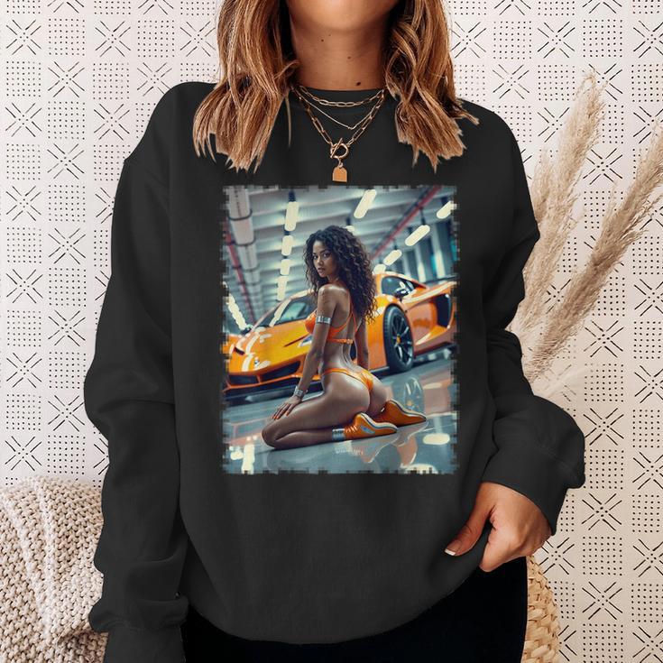 ピンナップガールtシャツ 男性用 ブラックピンナップガール&エキゾチックカー スウェットシャツ 彼女への贈り物