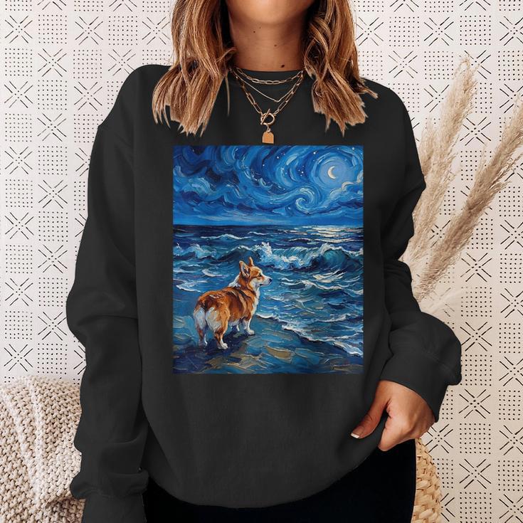 ペンブローク ウェールズ コーギー 犬 星月夜 ビーチ アートワーク スウェットシャツ 彼女への贈り物