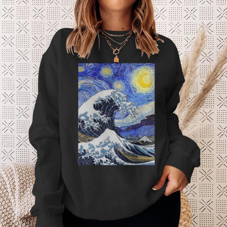星月夜リメイクとミックスされた神奈川の大波 長袖tシャツ スウェットシャツ 彼女への贈り物