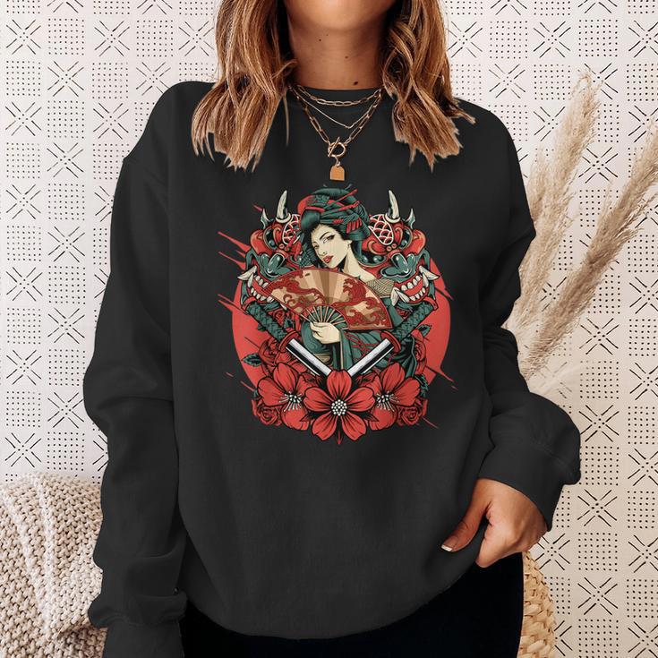 芸者 日本の鬼のお面 妖怪 侍 刀 カタナ 刀 スウェットシャツ 彼女への贈り物
