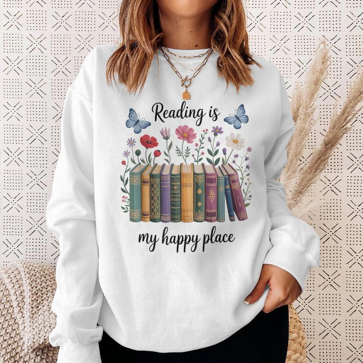 Book Lover Floral Reading Is My Happy Place Sweatshirt Gifts for Her