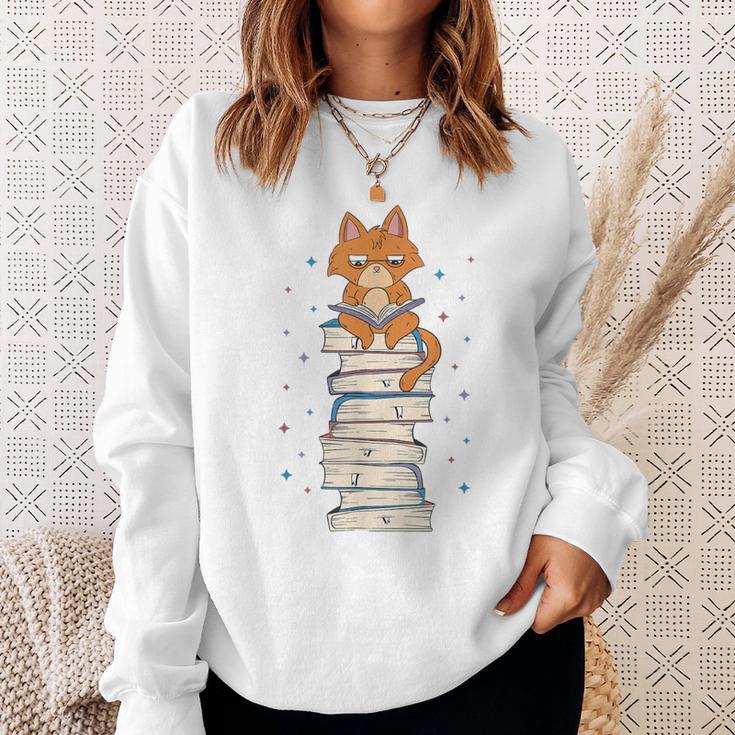 Cat Sits On Books Reading Reading Book Lover Sweatshirt Gifts for Her