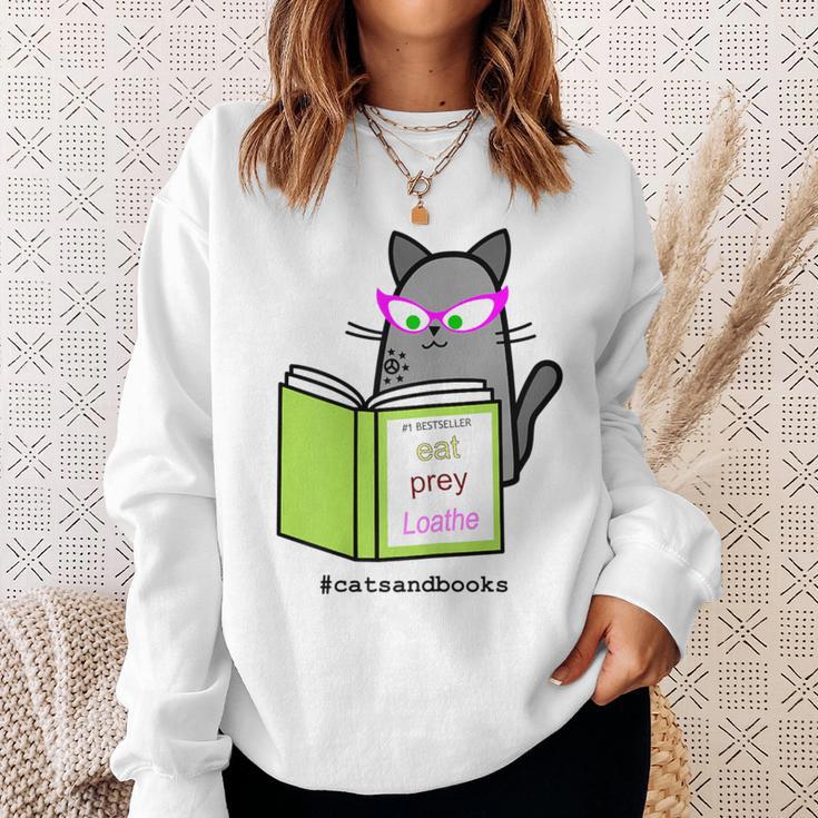 Cats And Books Happiness Cartoon Cat Pun For Women Sweatshirt Gifts for Her