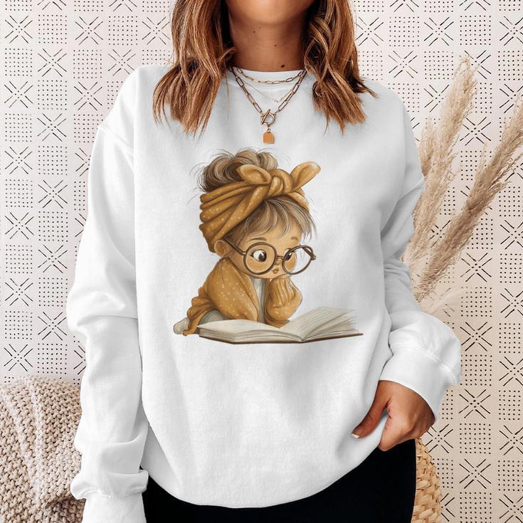 Cute Girl Open Book Reading Book Lover Graphic Round Glasses Sweatshirt Gifts for Her