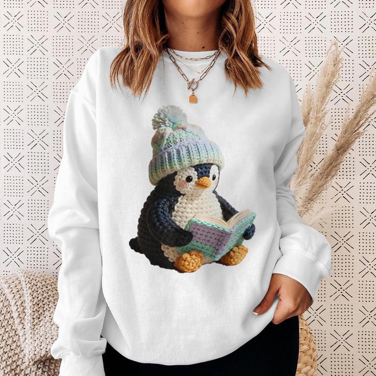 Cute Penguin Reading Book Faux-Crochet Print Sweatshirt Gifts for Her