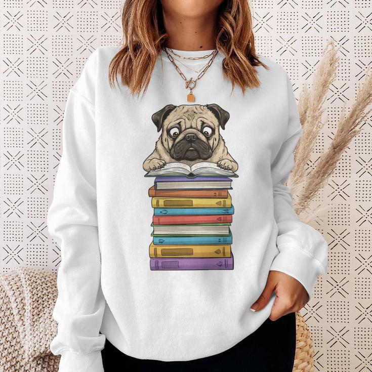 Cute Pug Dog Reading Book On Pile Of Books Sweatshirt Gifts for Her Cute Pug Dog Reading Book On Pile Of Books Sweatshirt Gifts for Her