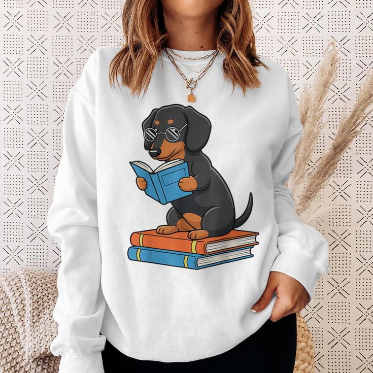 Dachshund Dog With Glasses Reading Book Librarian Sweatshirt Gifts for Her