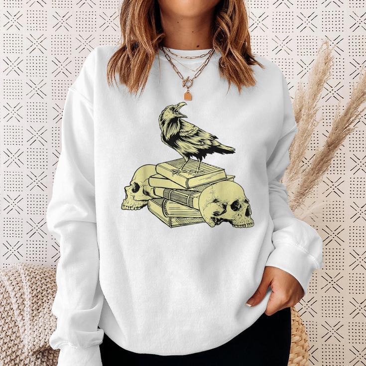 Dark Academia Aesthetic Raven Crow On Old Books Skull Goth Sweatshirt Gifts for Her