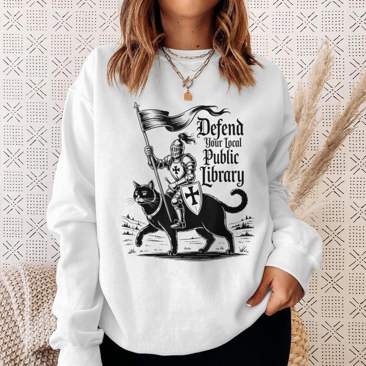 Defend Your Local Public Library Cat Knight Book Lover Sweatshirt Gifts for Her