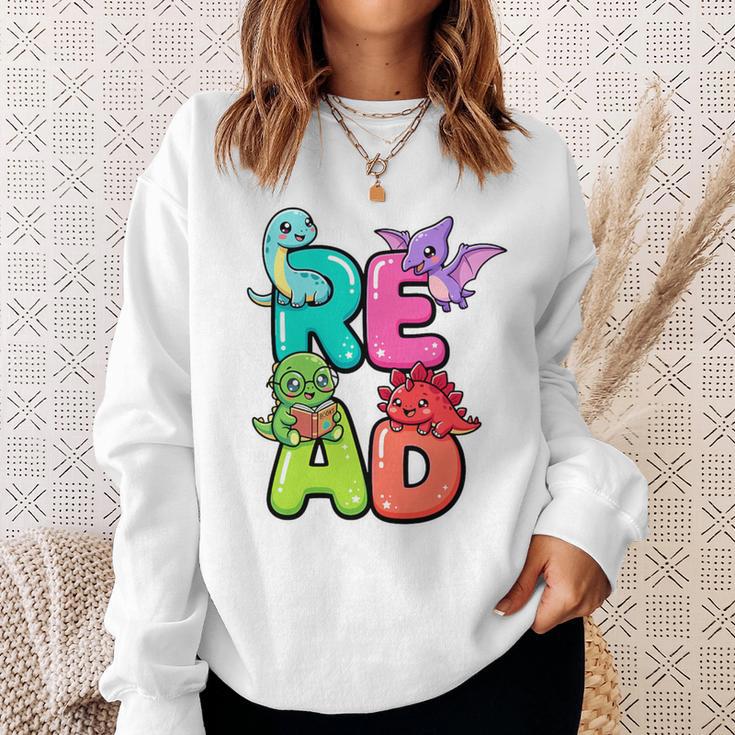 Dinosaur Read Book Lover Dino Reading Kids Premium Tri-Blend Sweatshirt Gifts for Her
