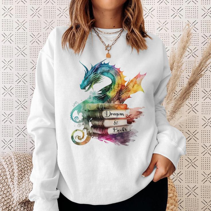 Dragons And Books Watercolor Fantasy Dragon Lover Theme Sweatshirt Gifts for Her