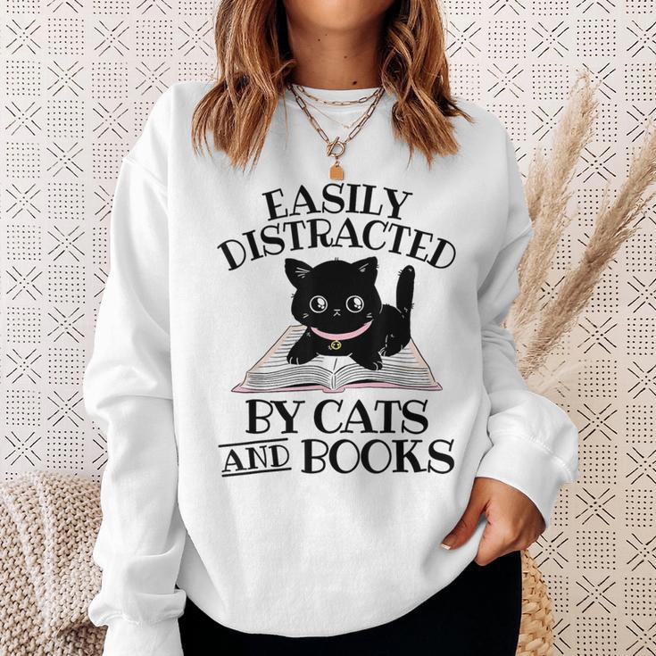 Easily Distracted By Cats And Books Cat Book Lover Sweatshirt Gifts for Her