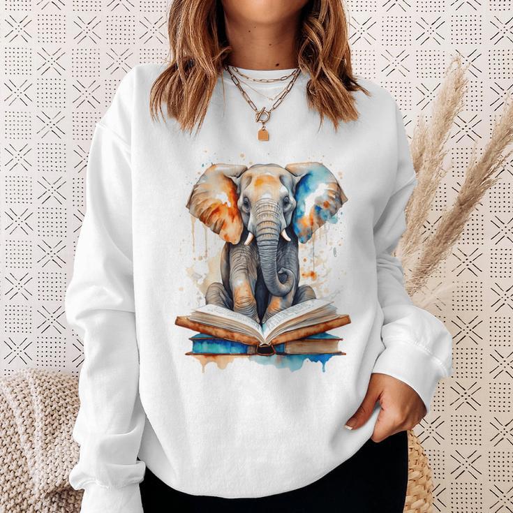 Elephant Reading Book Animal Art Print Graphic Sweatshirt Gifts for Her
