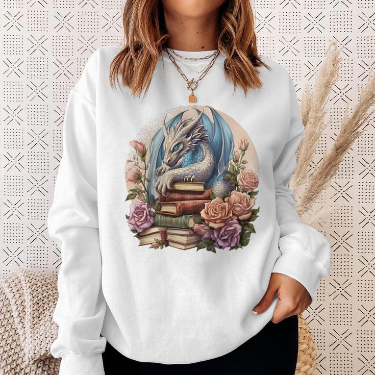 Fantasy Dragon Books Floral Boho Bookworm Sweatshirt Gifts for Her