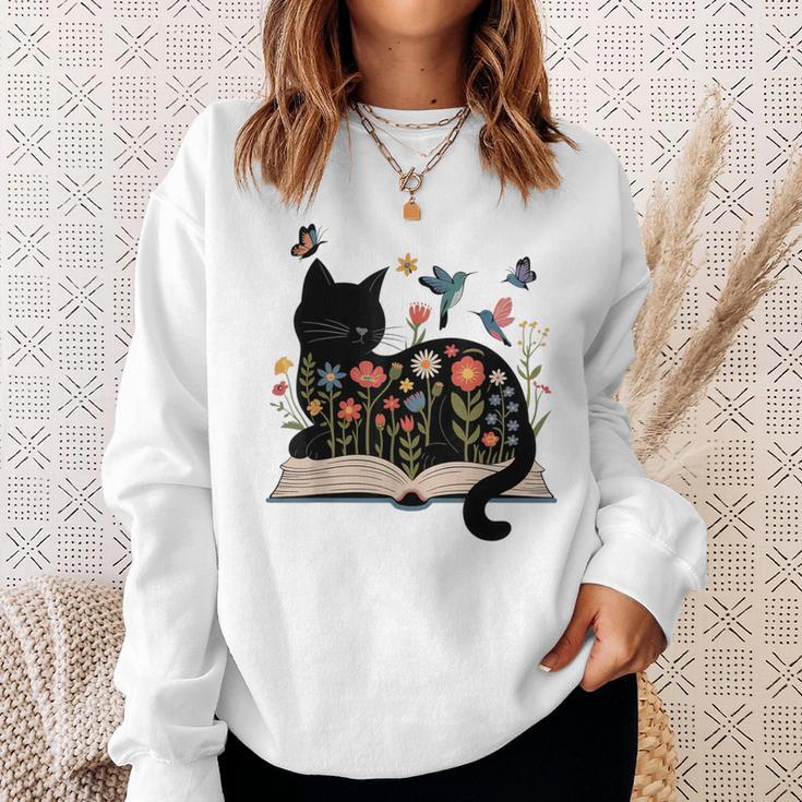 Floral Cat Reading Book Kitten Illustration Sweatshirt Gifts for Her