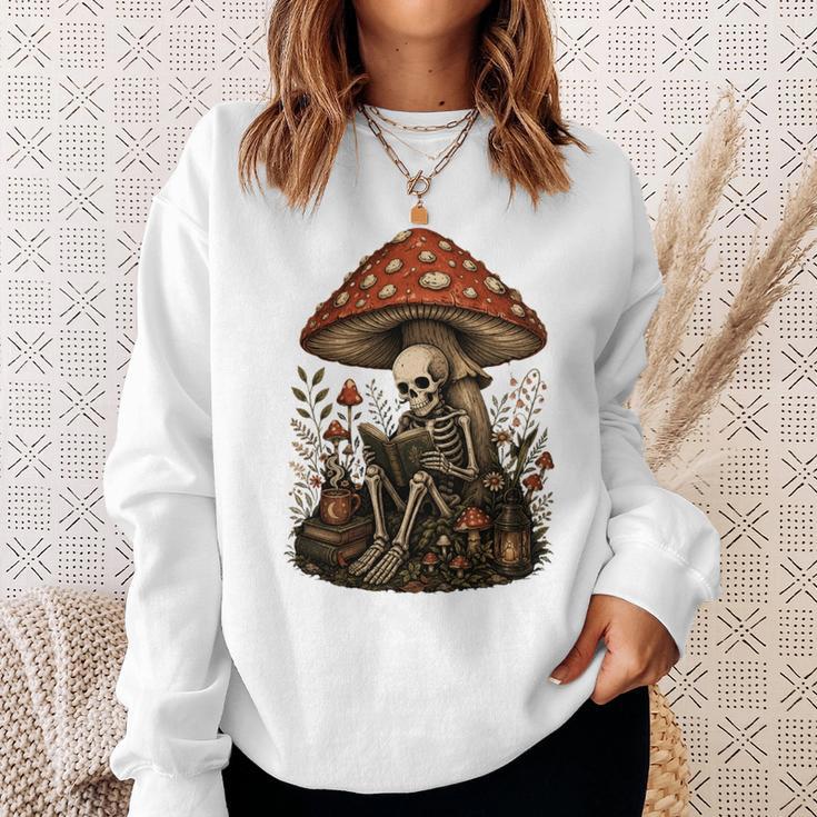 Floral Mushroom Skeleton Reading Books Gothic Humor Sweatshirt Gifts for Her
