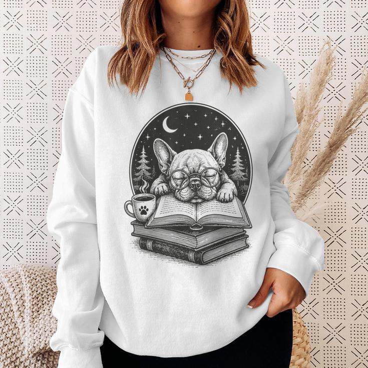 French Bulldog Reading Book Coffee Sky Glasses Sweatshirt Gifts for Her