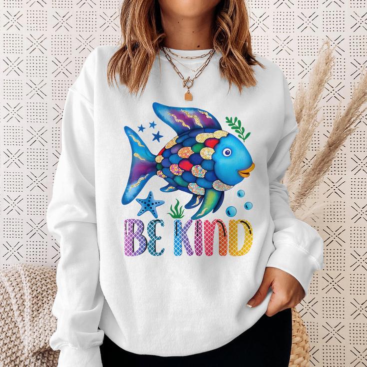 Kids Be Kind Rainbow Scale Fish Teacher Reading Book Toddler Sweatshirt Gifts for Her