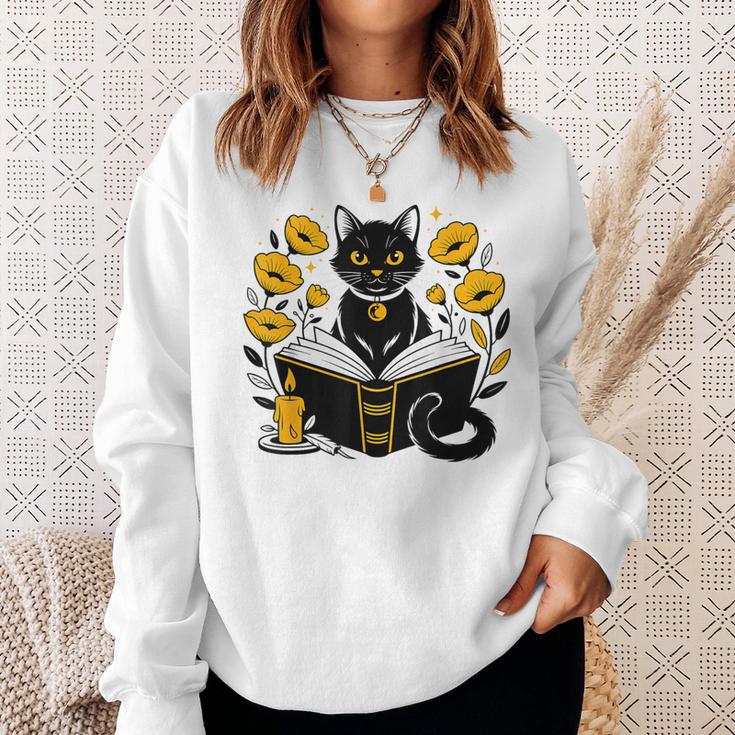 Mystic Cat With Spell Book Candle Flowers Witchcore Men Women Kids Sweatshirt Gifts for Her