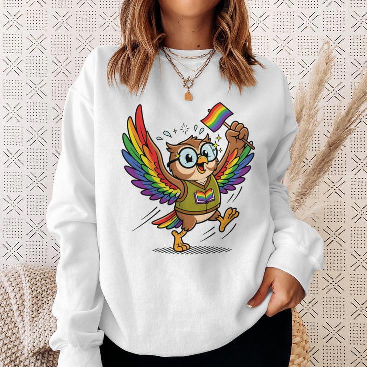 Owl With Pride Flag Book Lover Rainbow Library Sweatshirt Gifts for Her