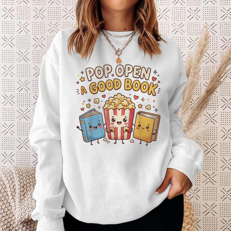 Pop Open A Good Book For School Librarian Popcorn Sweatshirt Gifts for Her