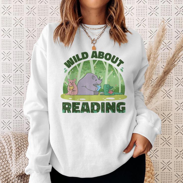 Wild About Reading Books Rhino Pig And Crocodile Sweatshirt Gifts for Her