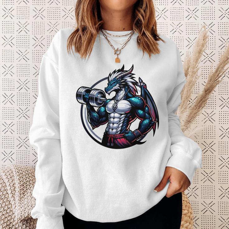 キュートでかわいいグラフィックのドラゴンが筋肉質のシックスパックを表示 長袖tシャツ スウェットシャツ 彼女への贈り物