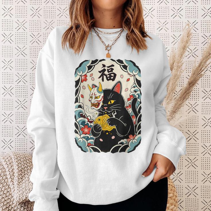 日本の浮世絵 黒子猫 鬼 マスク 魚 ハッピーチャンス アート スウェットシャツ 彼女への贈り物