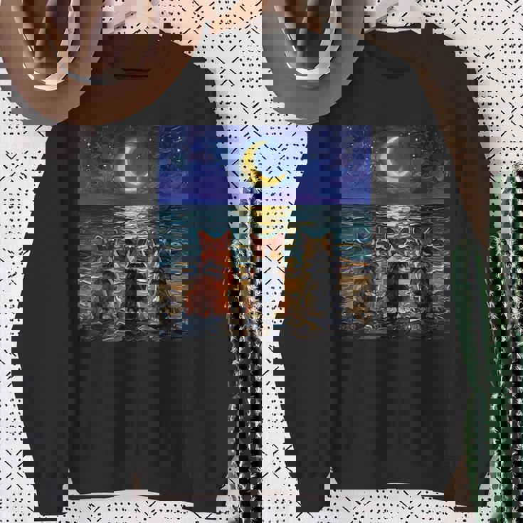 3 コーギーの夜のビーチかわいい犬と三日月のアートワーク スウェットシャツ 年配の女性への贈り物