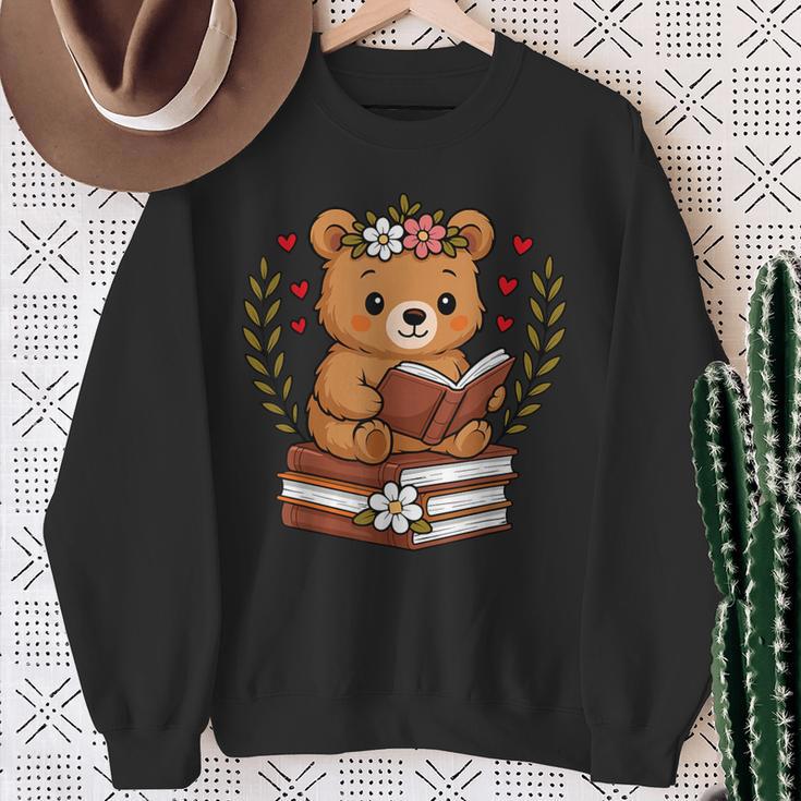 Bear Reading Book Graphic Bear With Book Floral Sweatshirt Gifts for Old Women